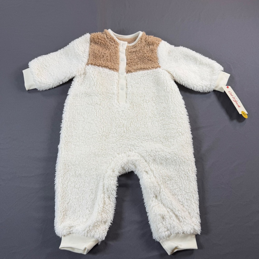 Cat & Jack Baby Sherpa Fleece Union Suit Cream Tan Colorblock 6-9M NWT